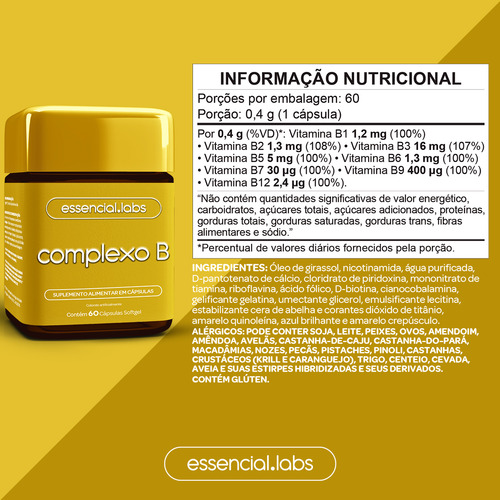 VITAMINAS do COMPLEXO B - Forma Ativa Pura B1 B2 B3 B5 B6 B7 B9 B12 - 60 Cápsulas Softgel