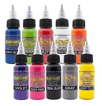 RADIANT COLORS Juego de tinta de tatuaje de 10 colores, kit de botellas de  1 oz, pigmento fabricado en EE. UU