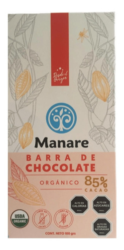 Barra Chocolate Orgánico Manare 85% Cacao 100gr Onlynatural