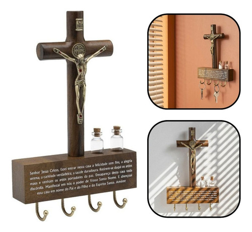 Porta Chaves Crucifixo Medalha De São Bento Parede Oração