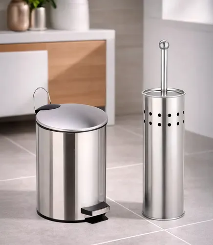 Combo Set Tacho Cesto Residuos Basura Acero Inoxidable 3 Lts + Escobilla De Baño Hogar Actual