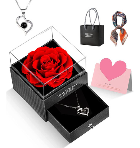 Flores Rosa Eterna Y Collar De Corazón Regalo Para Mujeres