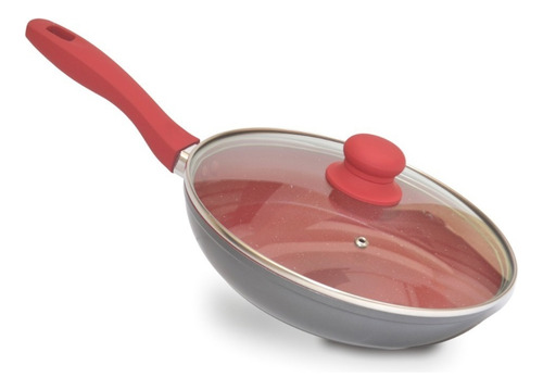 Panela Frigideira Grande 20cm Antiaderente Com Tampa Vidro Cor Vermelho