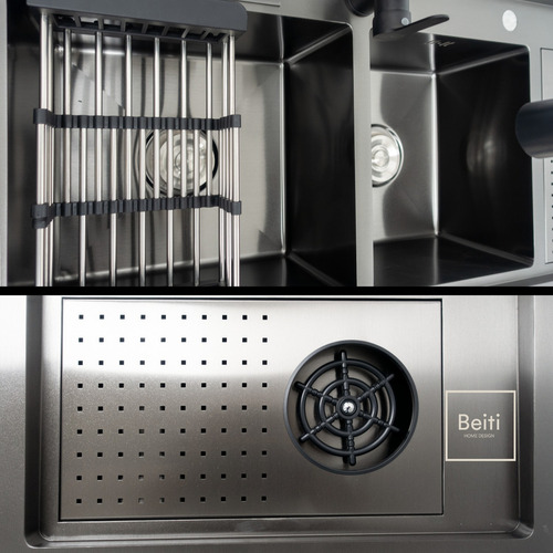 Lavaplatos Con Llave Moderno 100x48 Y Lavavasos Marca Beiti Con Accesorios Color Negro Con Escurridor Mangueras Desague Doble Tina De Sobre Mesa Acabado Brillante De Acero Inoxidable