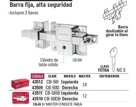 Imagen 2 de 4 de Cerradura Barra Fija Tetra Izq Hermex 43511