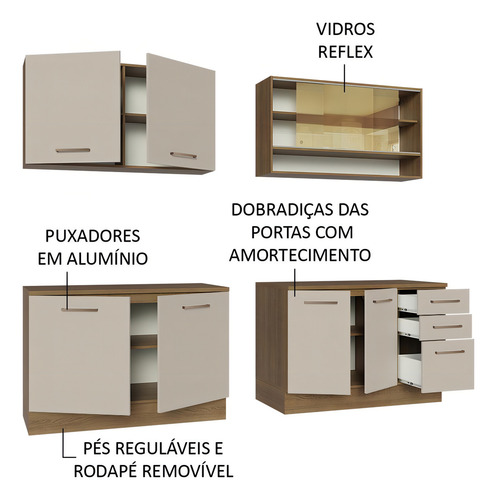 Armário de Cozinha Completa Modulada com Balcão para Cooktop 240cm Agata Madesa 01 Cor Rustic/Crema XMGRAG240001