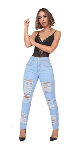 Imagem 2 de 5 de Calça Feminina Jeans Rasgada Desfiada Cintura Alta Blogueira