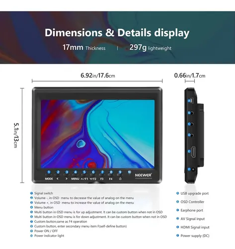 NEEWER F100 モニター Monitor De Campo Da Câmera Neewer F100 Vídeo Hd De 7 Polegad