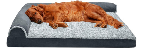 Cama De Espuma Con Memoria Para Perros Grandes 101x81 Cm Con Almohadones Removibles Y Funda Lavable, Para Perros De Hasta 95 Libras - Dos Tonos De Felpa De Piel Sintética Y Gamuza En Forma De L - Gris