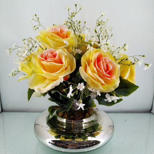 Arranjo De Rosas Tons Amarelas Artificial Vaso Enfeite Mesa | Parcelamento  sem juros