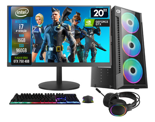 Pc Gamer Completo 2eletro Shot, Intel Core I7, 16gb Ram, Geforce Gtx 4gb, Ssd 960gb, Fonte 500w, Monitor 20 75hz - Pg2e-0107sh