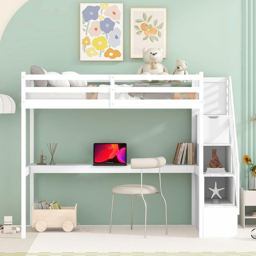 Meritline Cama Alta Individual Con Escritorio Y Escaleras