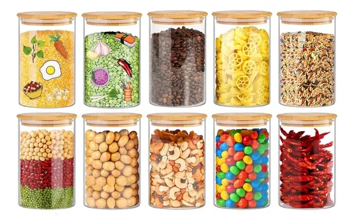 Jogo 10 Potes Hermetico Vidro 200ml Alimentos Tampa Bambu Transparente