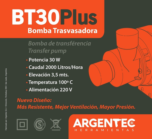 Bomba Argentec Trasvasadora Bt30 Plus Nuevo Diseño Cerveza