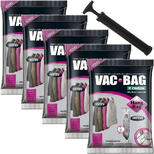 Kit 5 Sacos A Vacuo Vac Bag Hang Bag Cabide 70x120cm C/bomba