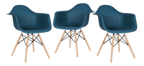 3 Cadeiras  Eames Wood Daw Com Braços Jantar Cores Estrutura da cadeira Azul-petróleo