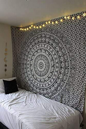 Tapiz De Pared  Negro Y Blanco Estilo Hippie Mandala Para De