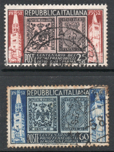 Italia 2 Sellos Usados Centenario Del Sello Postal Año 1952 