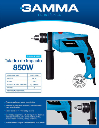 Taladro Percutor 13mm 850w Gamma G1902ar Color Celeste Frecuencia 50 Hz