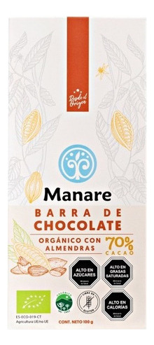 Barra De Chocolate Con Almendras Orgánico 70% Cacao 100g