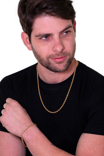 Conjunto Cordão Baiano Masculino 4mm Ouro Cj-167 Aço Inox