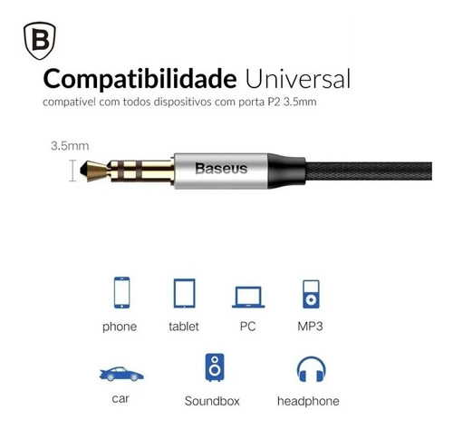 Imagem 6 de 6 de Cabo Auxiliar P2 / P2 Super Reforçado Yiven 1m Baseus