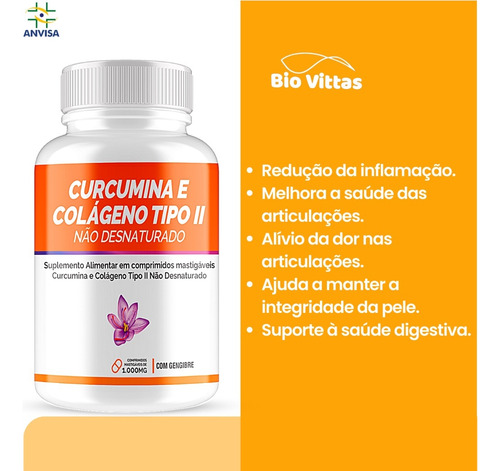 Curcumina + Colágeno Tipo 2 + Gengibre 120 Comp Mastigáveis