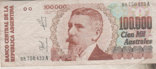 Billete De Argentina $ 100000  Australes - Año 1990  Serie A