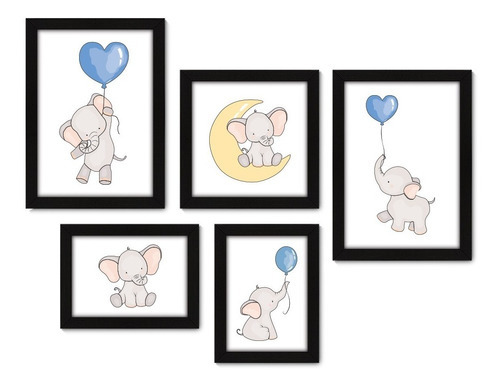Kit Com 5 Quadros Decorativos - Elefantes Infantil Baby 316 Cor Moldura Preta