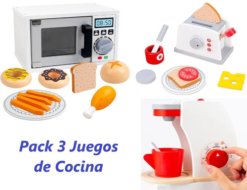 Set 3 Juego Didáctico Madera Microondas Tostador Cafetera