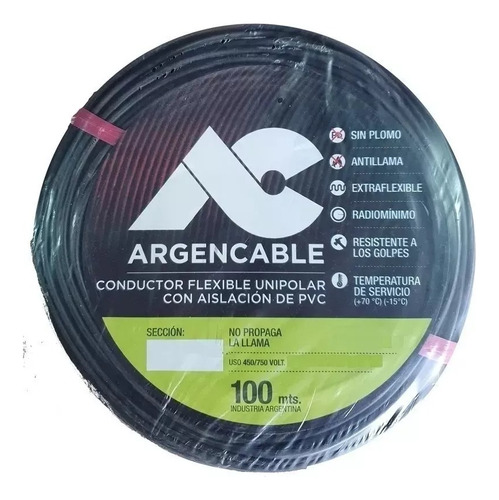 Cable unipolar Argencable 2.5mm² negro x 100m