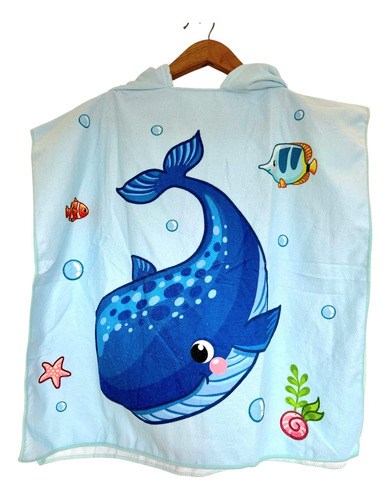 Poncho Toallon Con Capucha Infantil Salida Para Pileta Celeste Ballena
