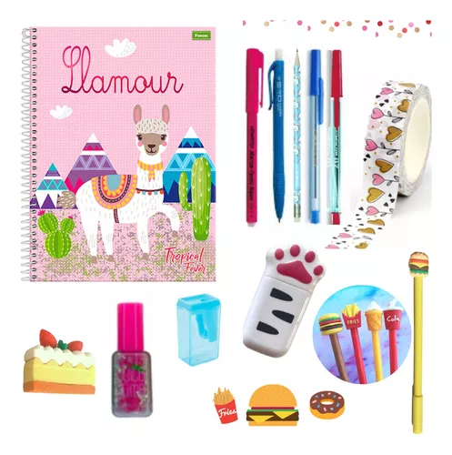 Kit Material Escolar Fofo Papelaria Kawaii C/ Canetas Luxo