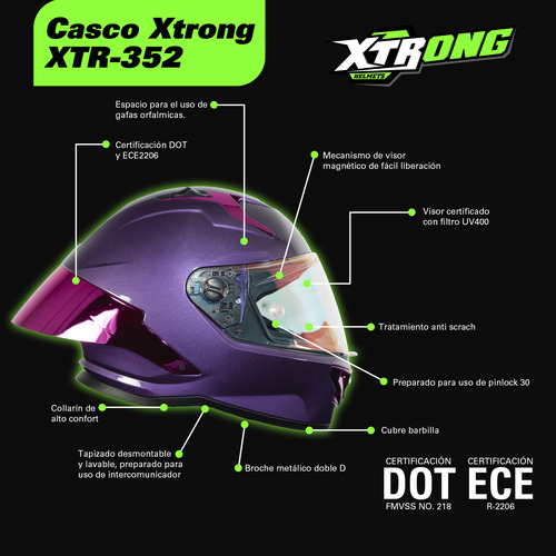 Casco Para Motociclista Certificado Ece 2206 Dot Xtrong R1 Violeta Oscuro Morado Rosa S