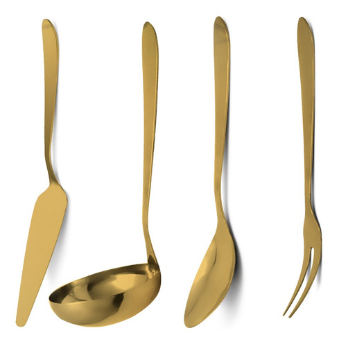 Kit Colher Concha Garfo Espátula 4 Utensílios Inox Dourado