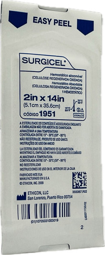 Surgicel Hemostatico Absorvible 5.1cm X 35.6cm Pack De 3 Pz Color Blanco
