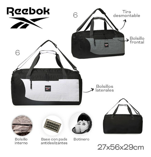 Bolso Reebok Deportivo Gym Viaje Con Botinero Negro Y Blanco Lisa