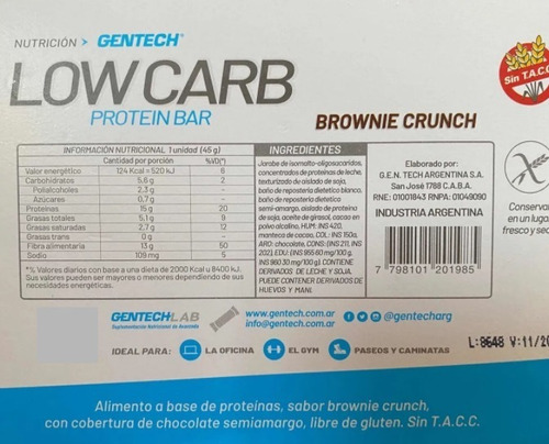 Low Carb Protein Bar Gentech Barra Proteica Sin Tacc Caja