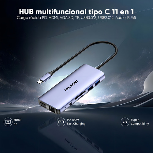 Hiksemi Hub Adaptador Usb-c 11 En 11 Salida Hdmi (4k)2 Salida Usb 2.0 2 Salidas Usb 3.0 1 Salida Vga 1 Salida Memoria Sd 1 Salida Tf (micro Sd) 1 Salida De Audio (8 - 48 Khz) 1 Salida Rj45 1 Entrada U