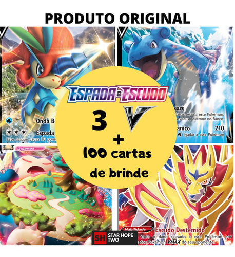 Kit 100 Cartas Pokemon + 3 Carta V Espada E Escudo Pt/br 