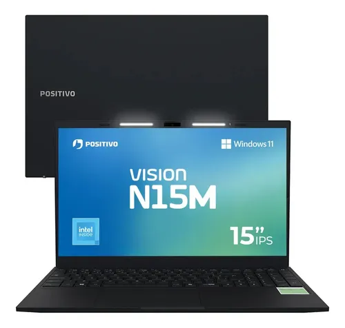 Notebook Positivo Vision N15M fechado e aberto com tela azul e verde