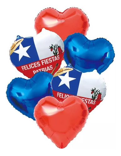 Set Globos Corazones Bandera Chilena 6pcs Dieciochero Fiesta