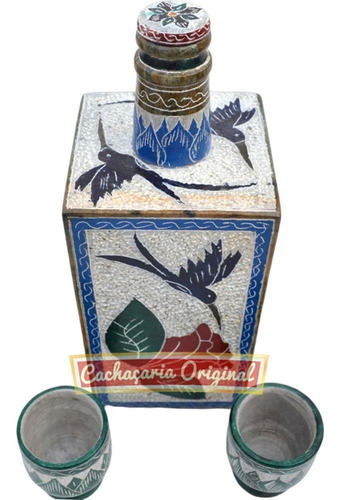 Jarra Barril Bordado Azul Pedra Sabão 900ml Com 2 Taças