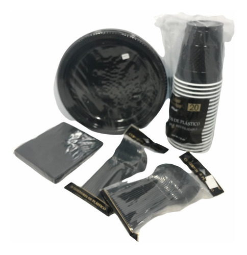 Kit Premium P 20 Desechables Col Negro Platos Vaso Cubiertos