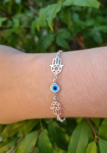Pulseira Hamsá Mão De Fátima E Olho Grego Prata 925