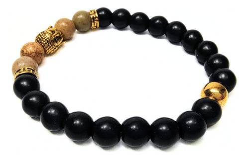 Pulsera De Hombre Jaspe Madera + Dije Buda Oro Antiguo