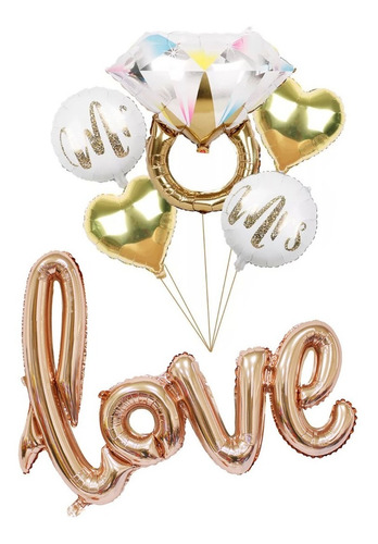 Set Globos Metalicos Love Amor Anillo Compromiso Con 6 Pzs