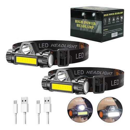 D 2pzs Usb Lampara De Cabeza Linterna Iluminacion Doble