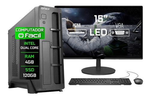 Imagem 1 de 4 de Pc Completo Fácil Slim Intel 4gb Ssd 120gb Monitor 15'' Hdmi