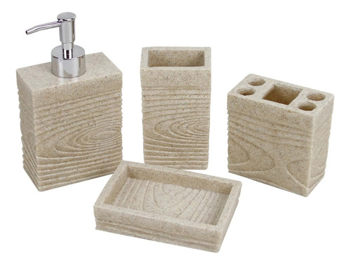 Set De Baño 4 Piezas Beige Símil Piedra Dispenser Jabonera